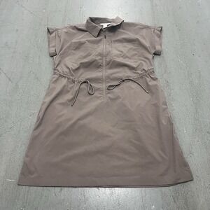 Athleta Womens Brown Utility Dress Sz M Short Sleeve Zip Front Drawstring Waist